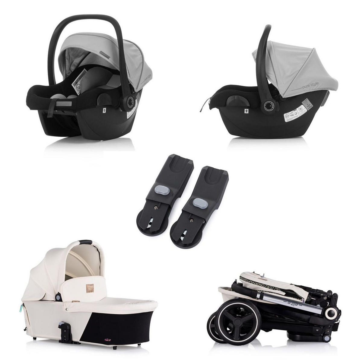 KINDERWAGEN Elite 3 in 1 schwarz beige i-Size Babyschale Sportsitz Babywanne Tasche - Beige/Schwarz, Metall (75/58/111cm) - Chipolino