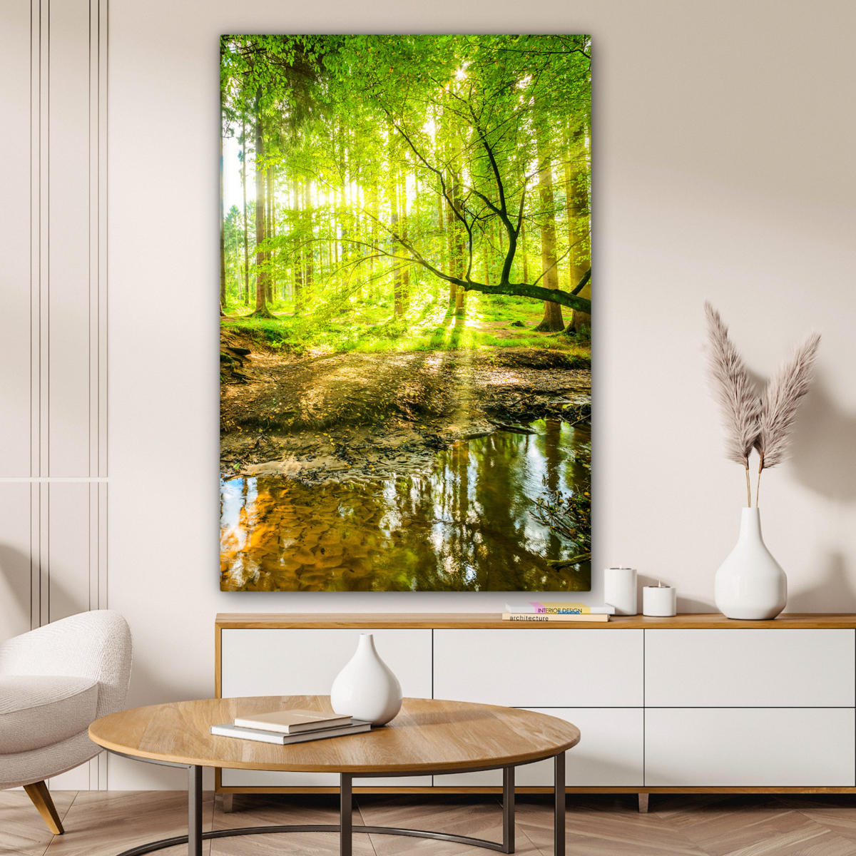 LEINWANDBILD Wald - Landschaft - Wasser - Bäume - Sonne - Grün - Natur 90x140 cm - Grün, Textil (90/140cm) - MuchoWow