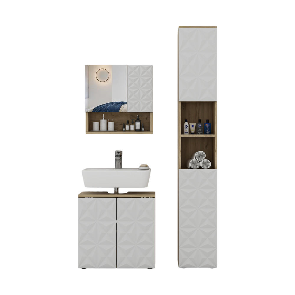 BADMÖBEL-SET Edge Weiß 3 Teile, mit Hochschrank - Eichefarben/Weiß, Holzwerkstoff (60/57/30cm) - Vicco