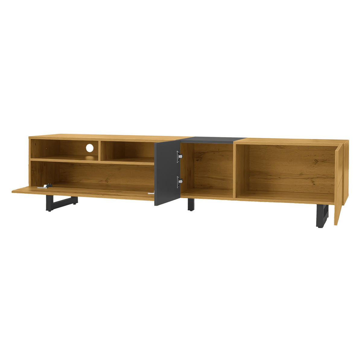 TV-SCHRANK aus melaminbeschichteter Spanplatte 170x42x36,5 cm Dunkelgrau/Natur mit 3 Türen und 2 offenen Fächern - Naturfarben, Holzwerkstoff (170/42/36.5cm) - Modfu
