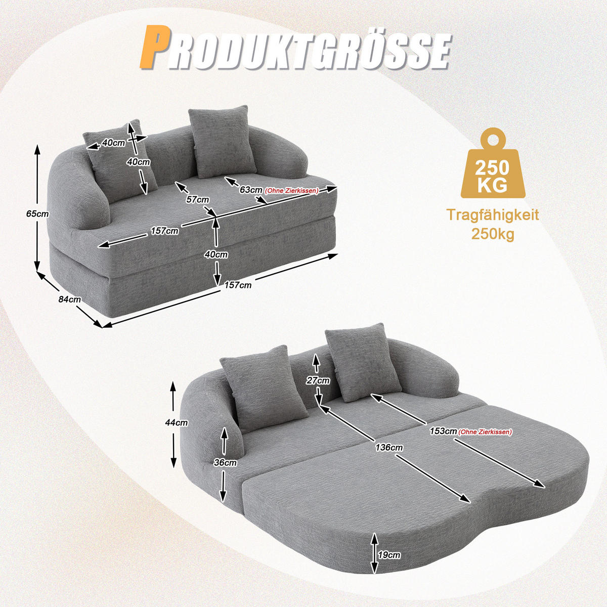 SCHLAFSOFA, 2 Sitzer aus Chenille, Klappsofa Bodensofa mit Schlaffunktion, Hellgrau - Hellgrau, Textil (157/44/153cm) - LVHOM