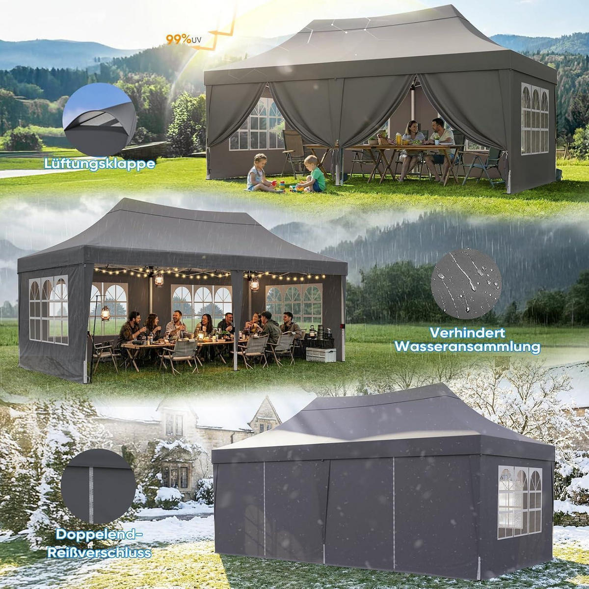 FALTPAVILLON 3x6m wasserdicht mit Seitenwänden und UV-Schutz - Grau, Textil (585/310/293cm)