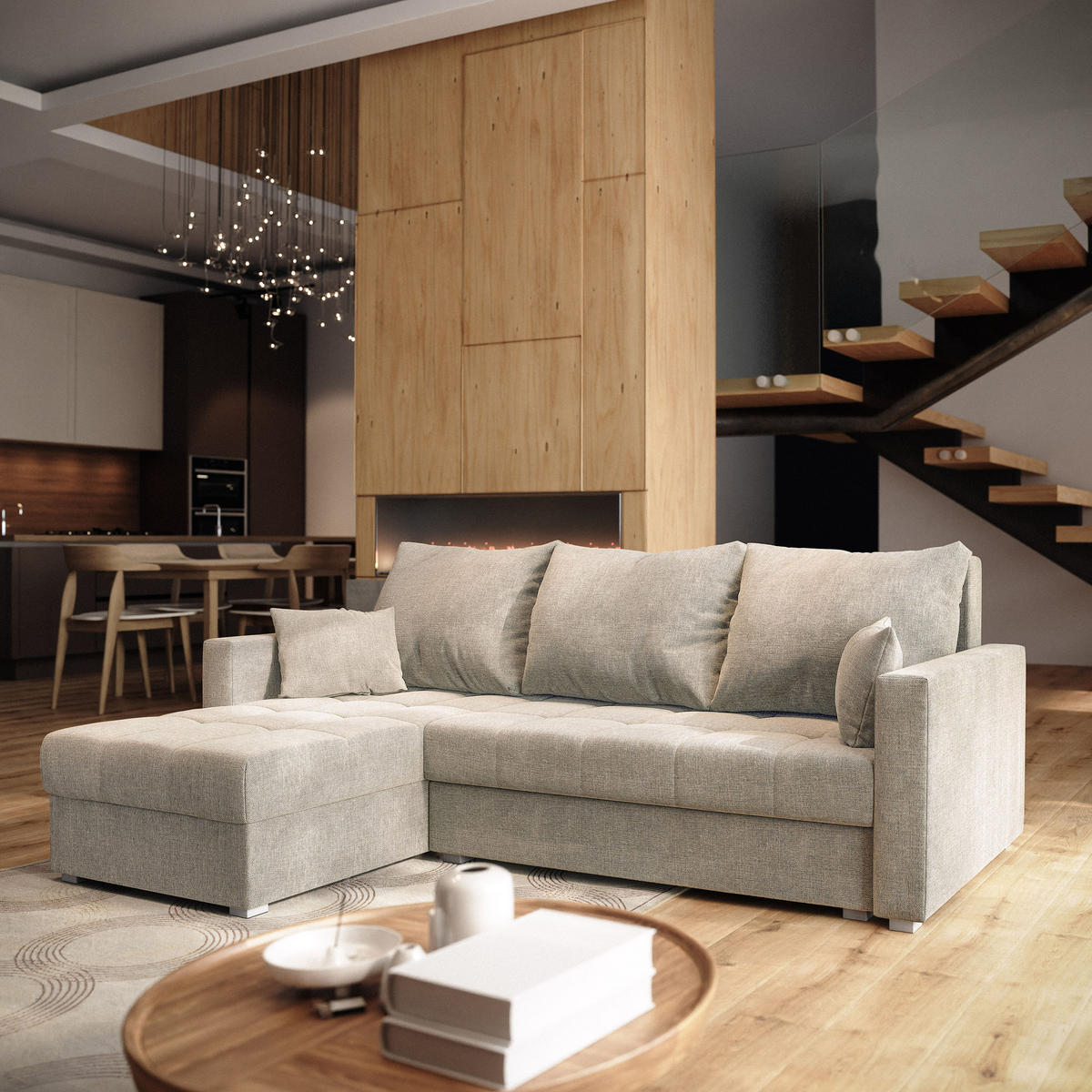 ECKSOFA NIDA Beige Geflochtener Stoff mit Schlaffunktion - Beige, Holz (220/143cm) - MASSENO