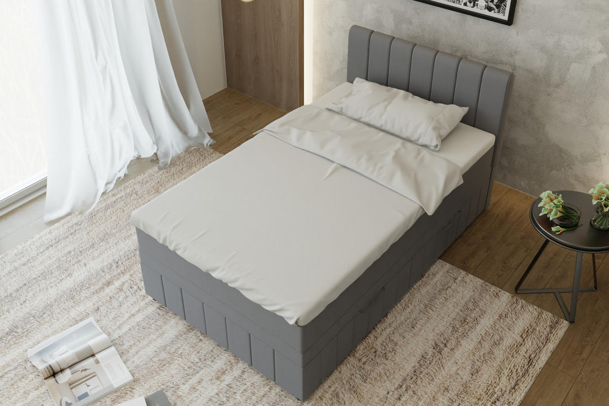 BOXBETT AVALON 120 x 200 cm mit Bettkasten und Topper - Dunkelgrau - Dunkelgrau, Holz - Panda Möbel