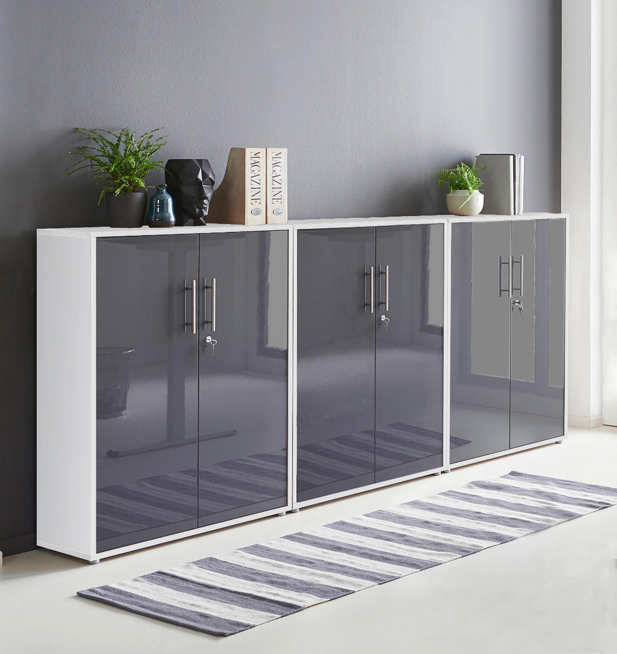 BÜROMÖBELSET 3-tlg. weiß / anthrazit Hochglanz - Anthrazit/Weiß, Holz (253.2/113.6/33cm)