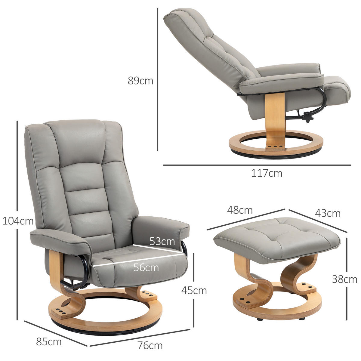 RELAXSESSEL mit Hocker, Drehbar Fernsehsessel mit Liegefunktion Kunstleder, Grau - Grau, Leder (85/104/76cm) - HOMCOM