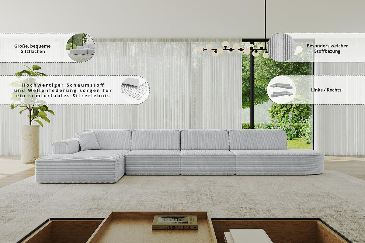 ECKSOFA Ottomane Links IREA-L3-v3 - 403x165x76 cm Apricot - Koralle, Holzwerkstoff/Textil (403/165cm) - ALTDECOR