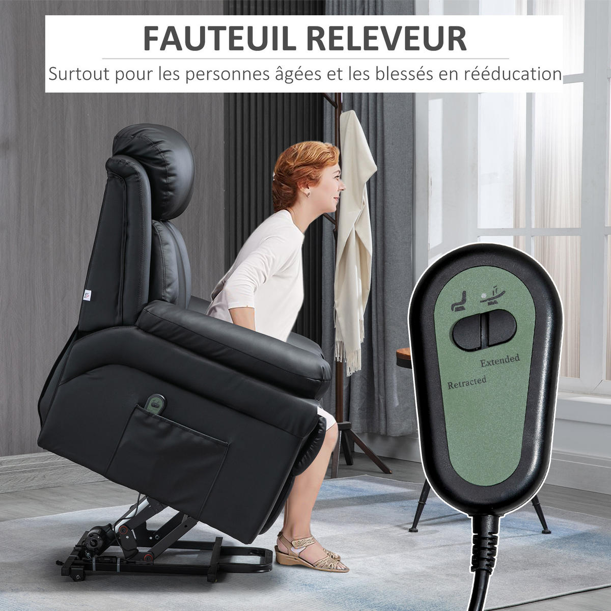 RELAXSESSEL DE-15417 mit Aufstehhilfe und verstellbarer Fußstütze Schwarz - Schwarz, Leder (93/105/96cm) - ComfortXL