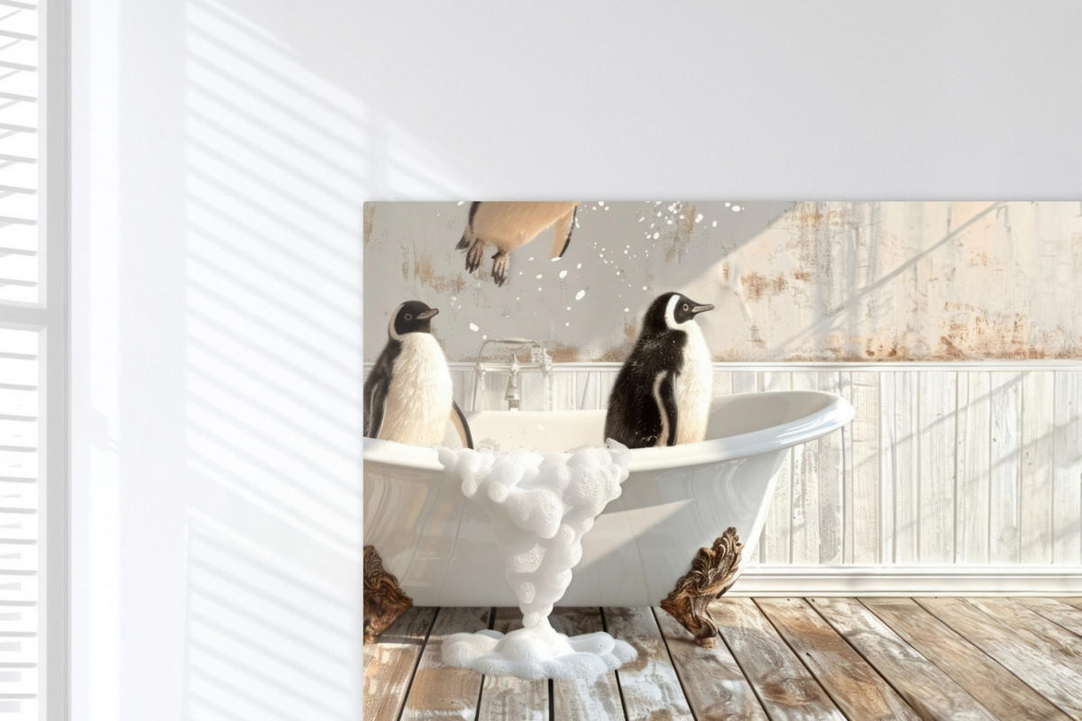 LEINWANDBILD Vintage - Pinguin - Badewanne - Schaumstoff Wohnzimmer 120x80 cm - Schwarz, Textil (120/80cm) - MuchoWow