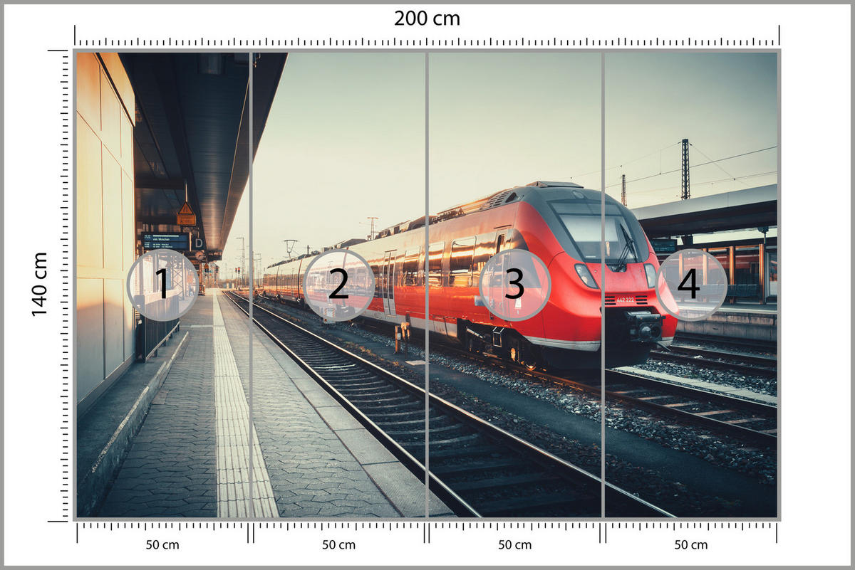 FOTOTAPETE für Wohnzimmer Moderner Roter Zug Bahnhof Geleise 200x140 - Rot/Braun, Papier (200/140cm) - Muralo