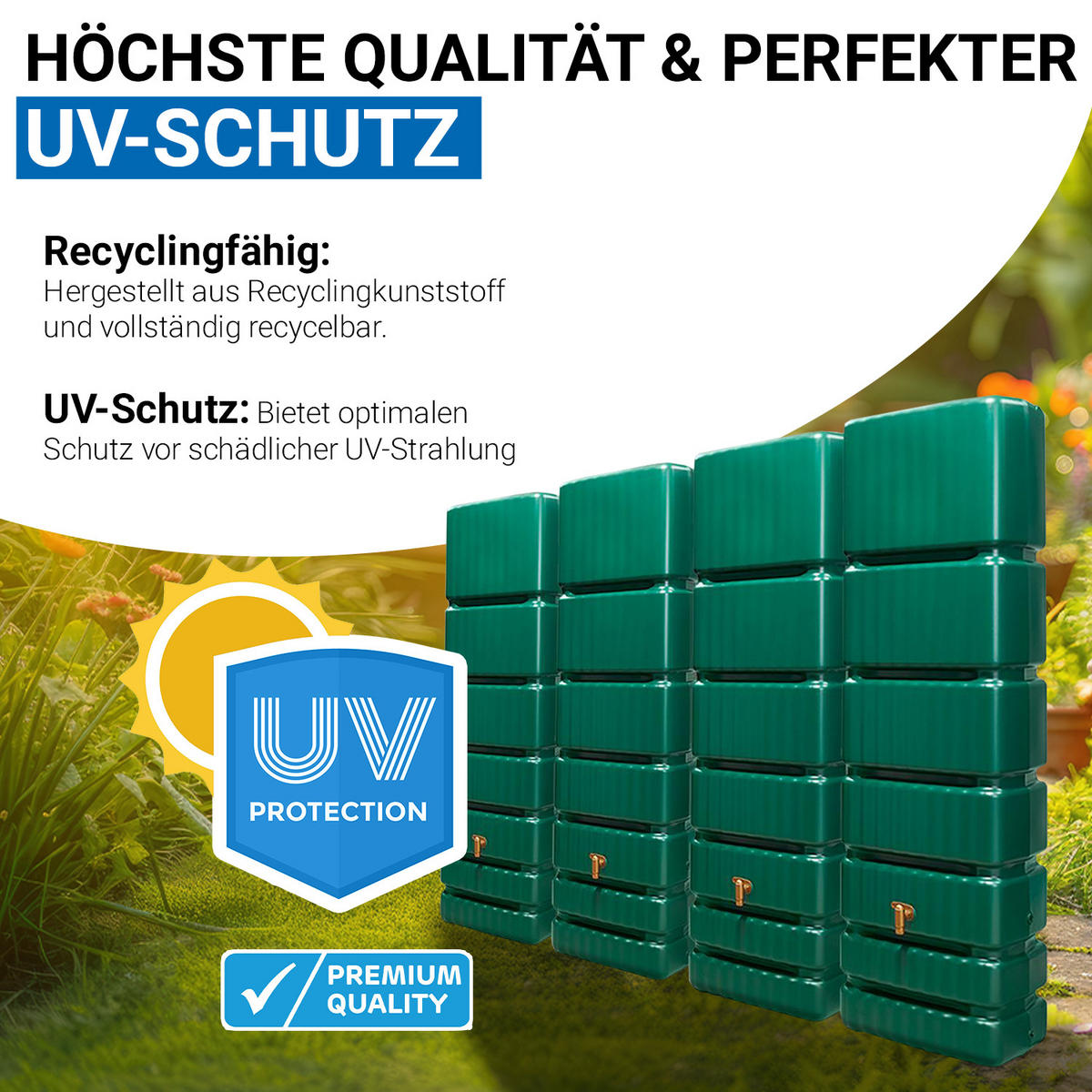 WANDTANK Komplett-Set 1400 L grün 4 x 350 L inkl. Verbindungsset, Kunststoff-Auslaufhahn und Fallrohranschluss - Grün, Kunststoff (270/184/39cm) - 4rain