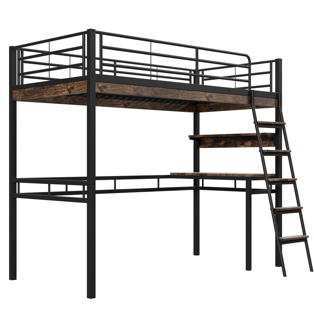 HOCHBETT 90/200 cm, Schwarz mit Schreibtisch und Regalen, ohne Matratze - Schwarz, Metall (90/200cm) - MIVRAY
