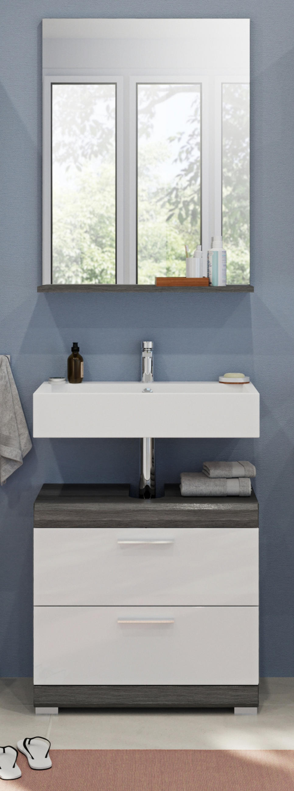 BADMÖBEL-SET weiß Hochglanz, grau 2-teilig 60 cm, Kombination mit viel Stauraum - Weiß Hochglanz/Grau, Holzwerkstoff (60/191/34cm) - Inn.Furn