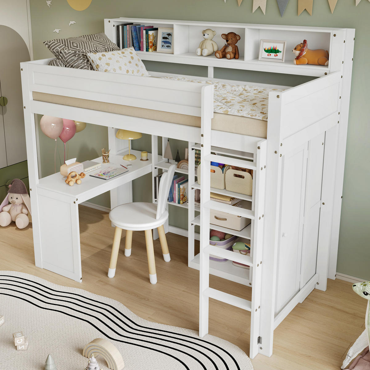ETAGENBETT 90/200 cm in Weiß mit Regal, Tisch und Kleiderschrank - Weiß, Holz/Holzwerkstoff (90/200cm) - WISHDOR