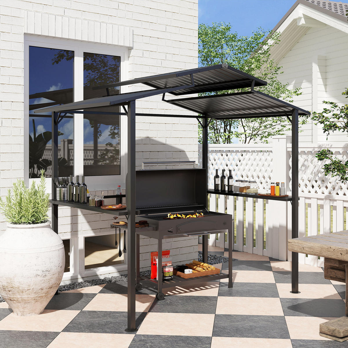 GRILLPAVILLON 250 x 160 x 250 cm wasserdicht Gartenpavillon mit Doppelschichtdach, Seitenregalen Schwarz - Schwarz, Metall (250/250/160cm)