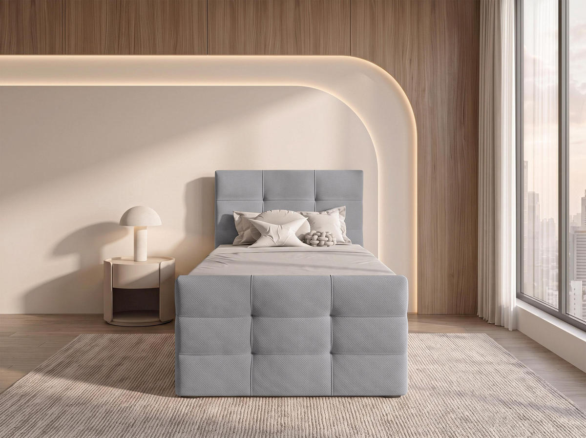 BOXBETT DEFNE 100x200 cm mit Fußteil und Matratze - Hellgrau + TOPPER - Hellgrau/Schwarz, Holz/Holzwerkstoff (100/200cm) - AX Living
