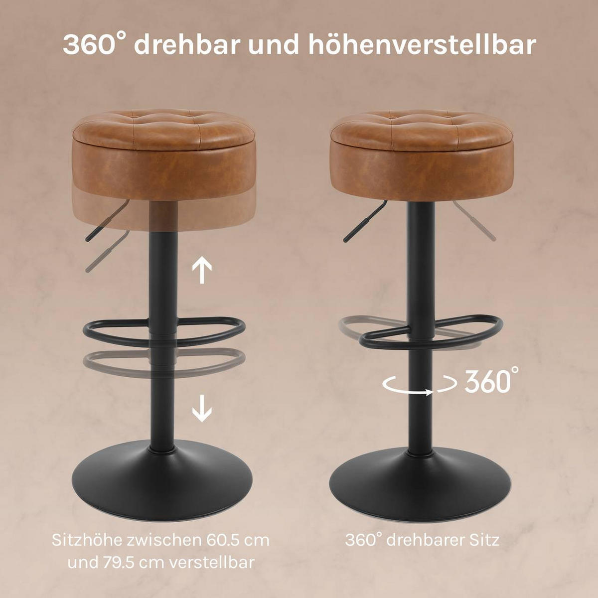 BARHOCKER 4er Set, drehbar, Kunstleder, Braun - Schwarz/Braun, Kunststoff/Metall (39/60.5/39cm) - Woltu