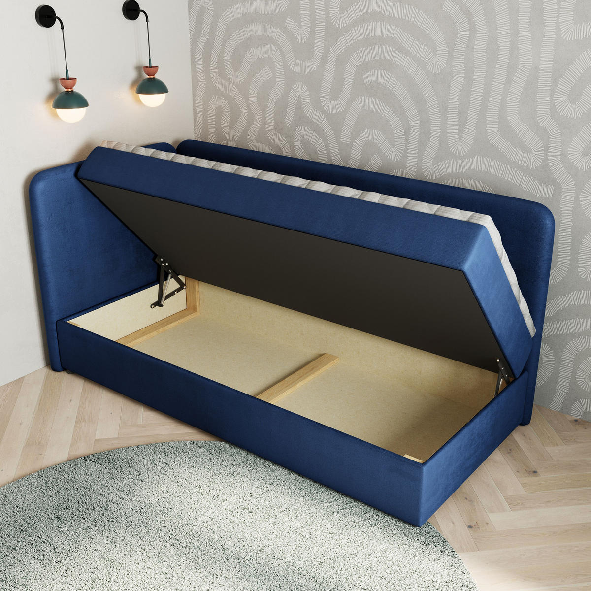 BOXBETT GINA 100x200 cm mit Matratze und Topper, H2+H3 - Blau - Blau, Holz (100/200cm) - MASSENO