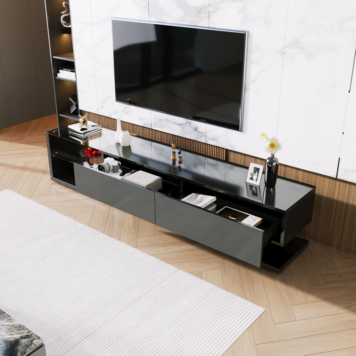 TV-SCHRANK in Schwarz Hochglanz mit 2 Schubladen und LED 170/38/36 cm - Schwarz, Holzwerkstoff (170/38/36cm) - Redom