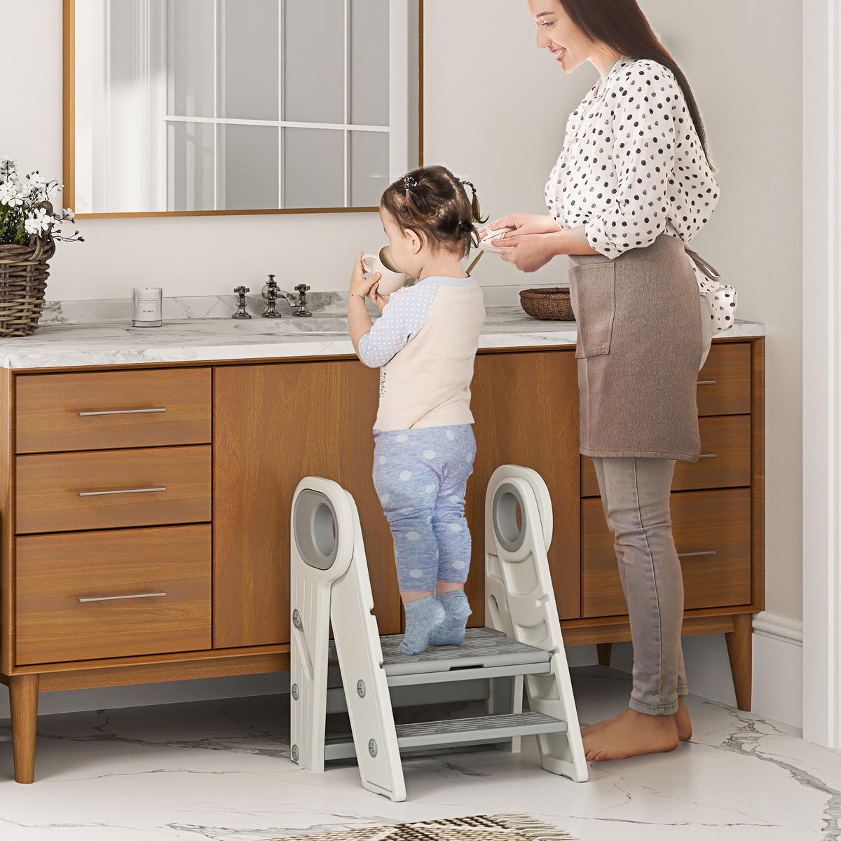 KINDERTRITTHOCKER DE-17237 3-fach höhenverstellbar & klappbar Grau - Grau, Naturmaterialien (47/61.5/46.5cm) - ComfortXL