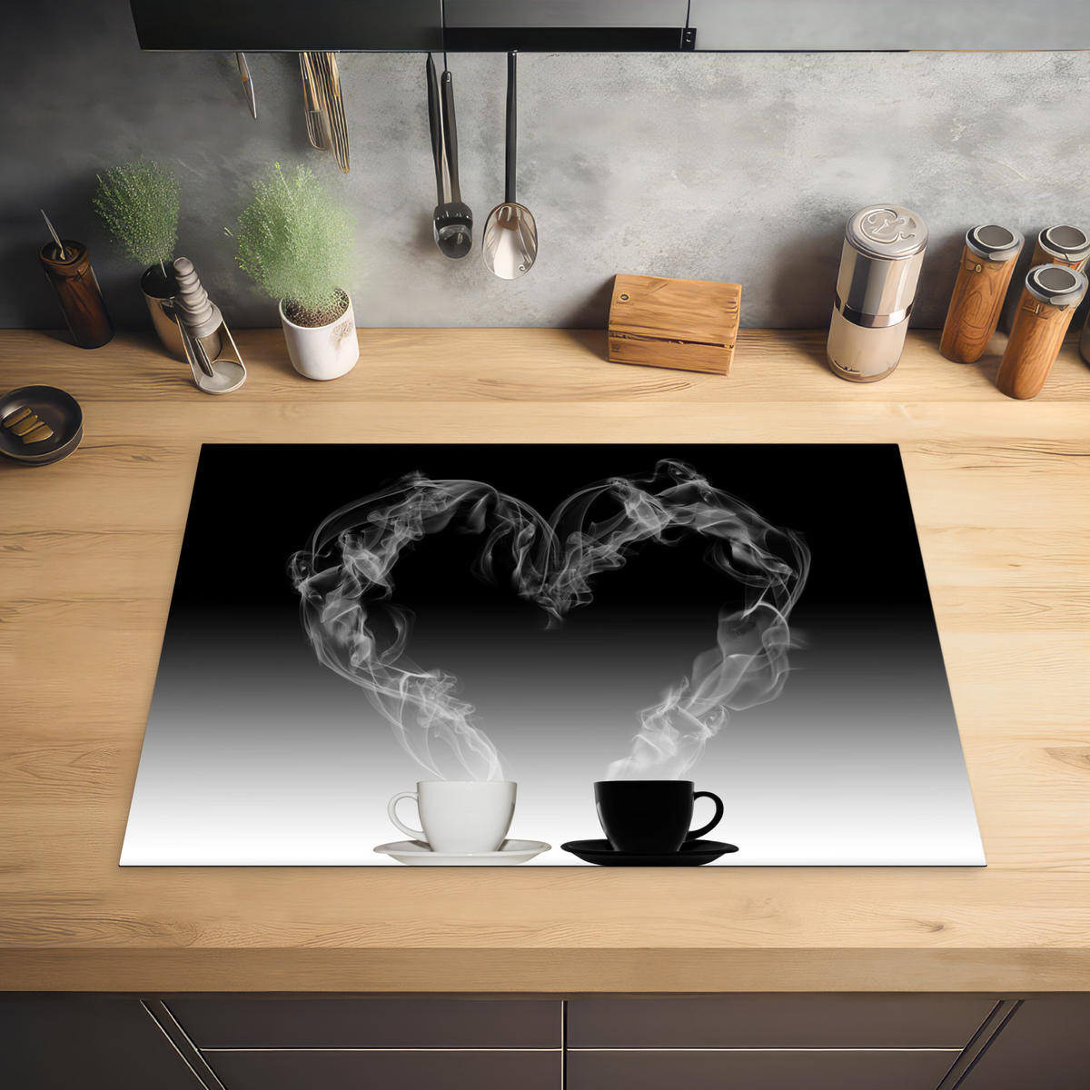 HERDABDECKPLATTE Kaffee - Herz - Schwarz und weiß - Tassen 75x52 cm - Weiß, Kunststoff (75/0.2/52cm) - MuchoWow
