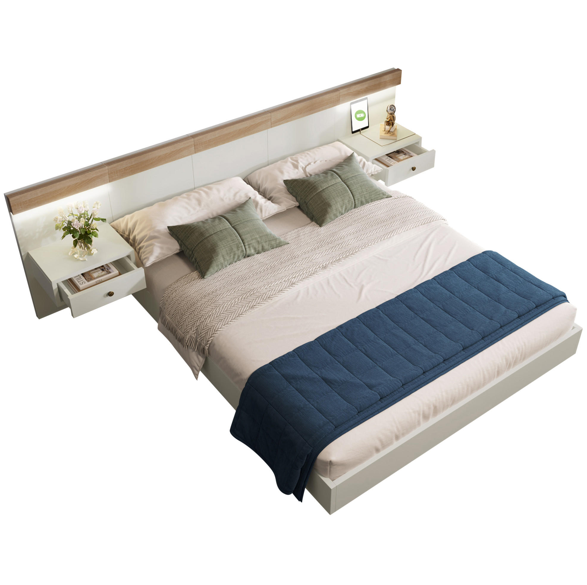 BETT 160/200 cm mit 2 LED-Nachtkommoden, USB/Typ-C und Steckdose, Schwebeoptik, Weiß/Sonoma-Eiche - Weiß, Holzwerkstoff (160/200cm) - Redom