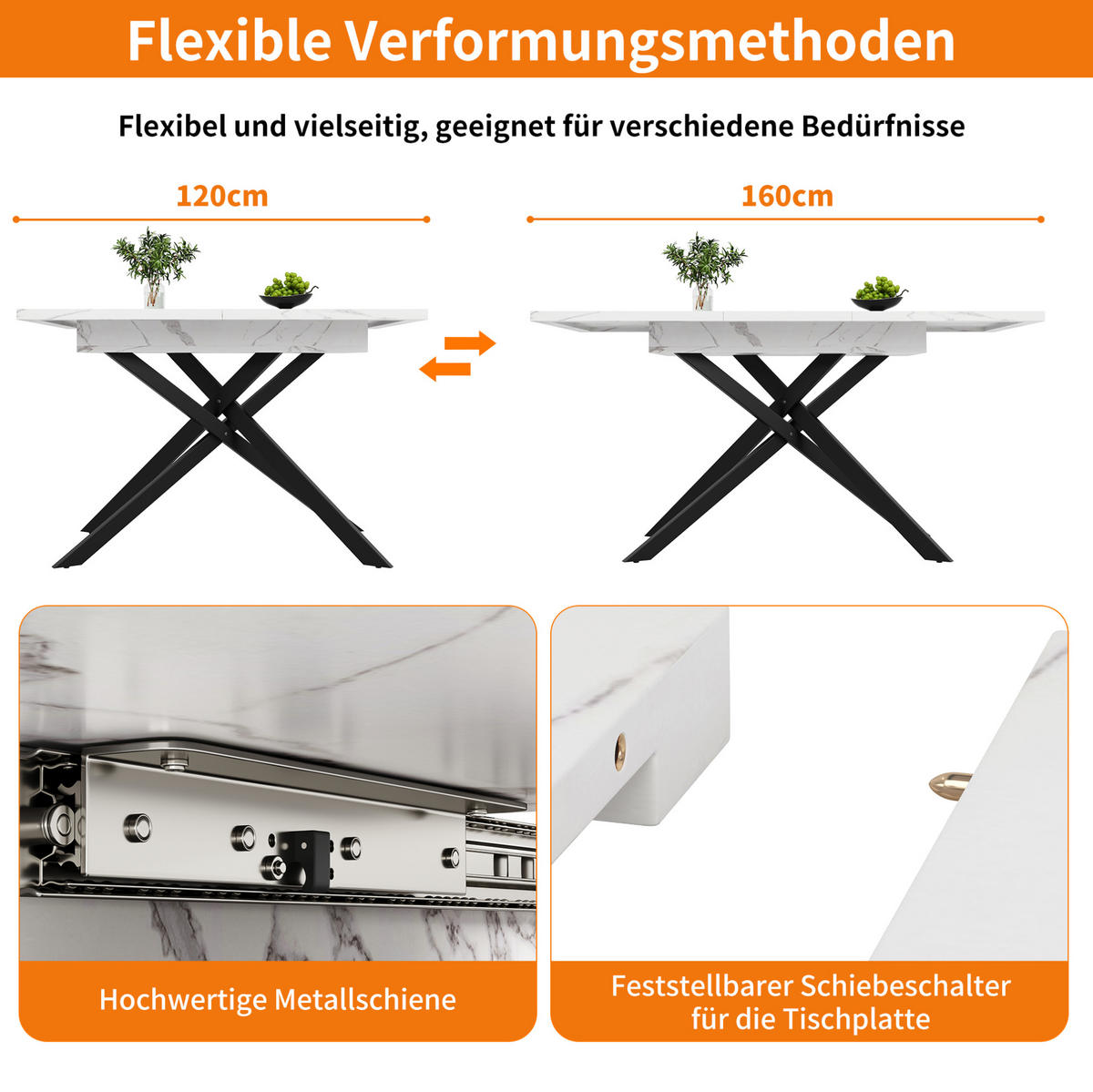 ESSTISCH 120-160/76,5/80 cm Weiß/Schwarz aus MDF und Metall mit Ausziehfunktion - Weiß, Holzwerkstoff (160/80/76.5cm) - OKMYHOME
