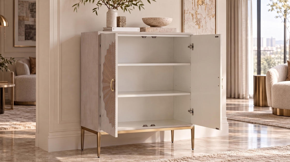 HIGHBOARD LUCIA Weiß Eiche - Goldfarben/Weiß, Holz/Metall (90/116/40cm) - KAWOLA