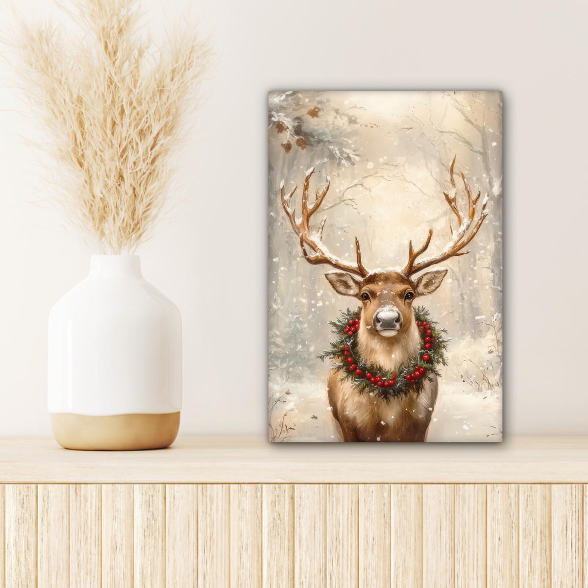 LEINWANDBILD Weihnachten - Rentier - Winter - Kranz 20x30 cm - Naturfarben, Textil (20/30cm) - MuchoWow
