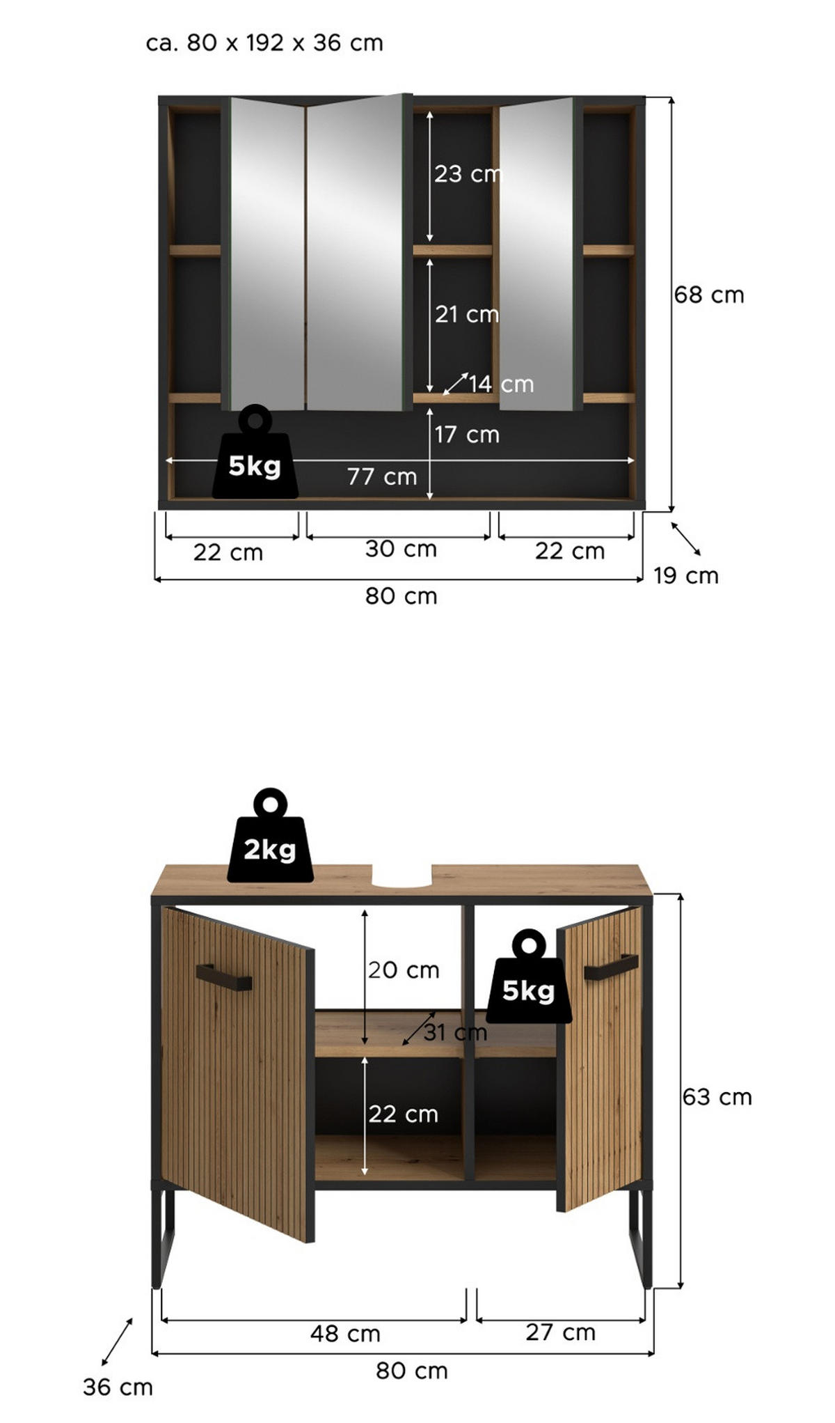 BADMÖBEL-SET 2-teilig Eiche Artisan, schwarz 80 cm, Badkombination mit Soft-Close - Schwarz/Eiche Artisan, Glas/Holzwerkstoff (80/192/36cm) - Inn.Furn