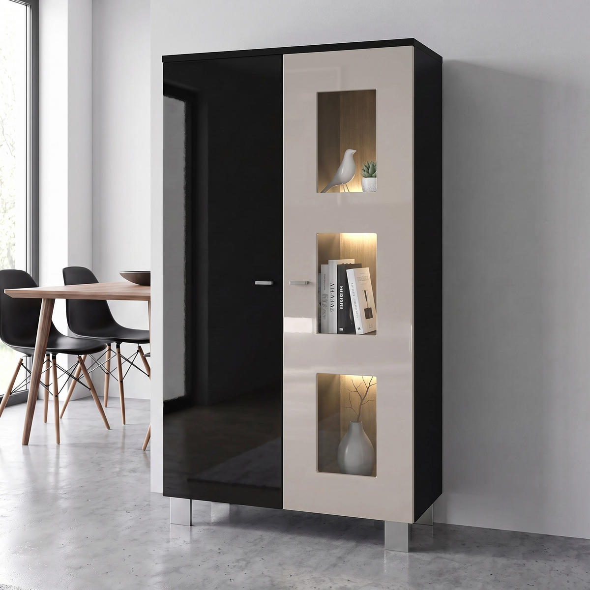VITRINE Denjo Tür in Sandgrau Hochglanz - Sandfarben, Holzwerkstoff (71/129/35cm) - Vladon