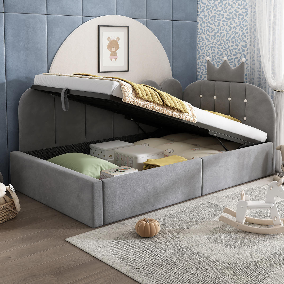 POLSTERBETT 90/200 cm aus Samt mit hydraulischem Stauraum und Kronen-Gitter-Design, Grau - Grau, Holz (90/200cm) - Redom