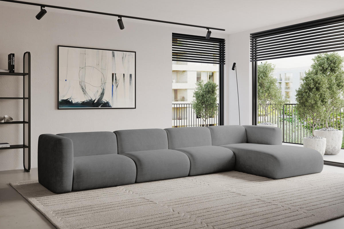 ECKSOFA Ottomane Rechts MIRA-L3 409x179x70 Grau Velours - Schieferfarben/Schwarz, Holzwerkstoff/Kunststoff (409/179cm) - ALTDECOR