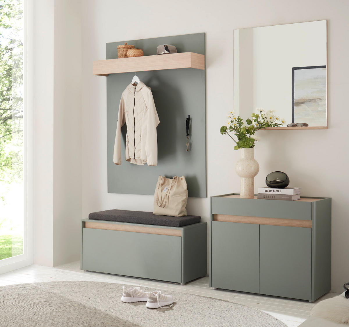 GARDEROBE Set 5-teilig Salbei Grün mit Eiche, Flurgarderobe mit Schuhschrank und Spiegel 190 x 200 cm, inkl. Sitzkissen - Salbeigrün/Eichefarben, Glas/Holz (190/200/40cm) - Furn.Design