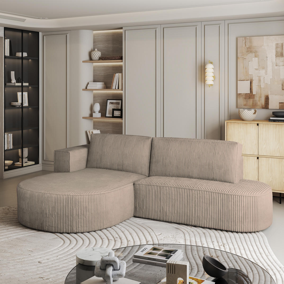 ECKSOFA CORTIO P L-S Beige Kordstoff mit Schlaffunktion - Beige, Holz (265/174cm) - MASSENO