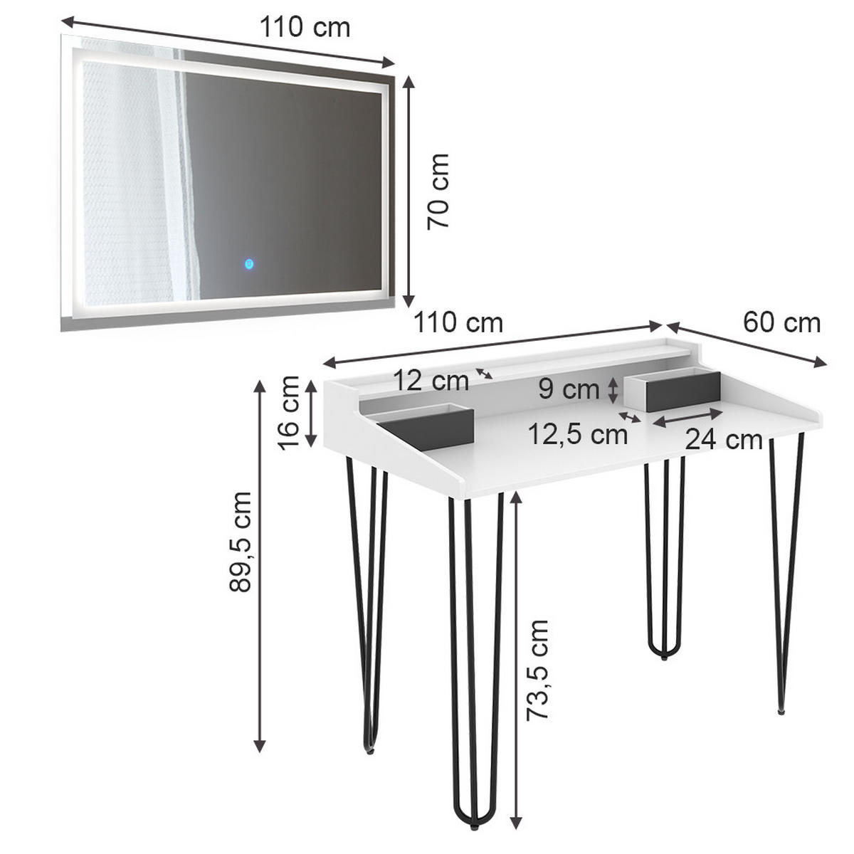 SCHMINKTISCH Sannar Weiß 110 cm mit LED-Spiegel - Schwarz/Weiß, Holzwerkstoff (110/89.5/60cm) - Vicco