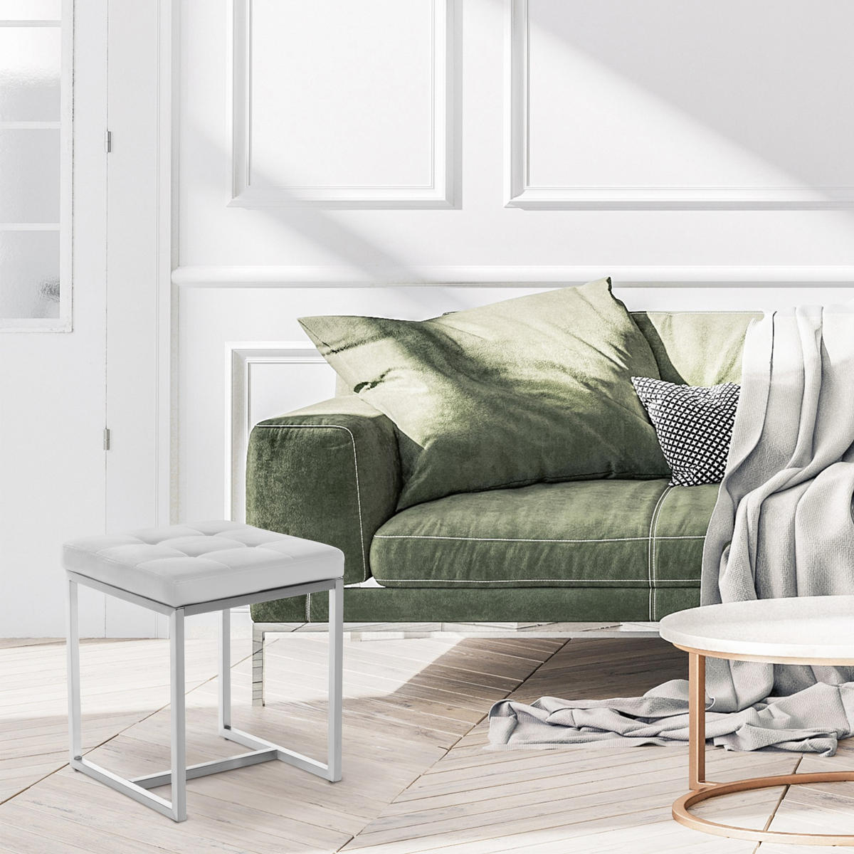 HOCKER Lederlook weiß - Edelstahlfarben/Weiß, Textil/Metall (40/48/40cm) - CLP