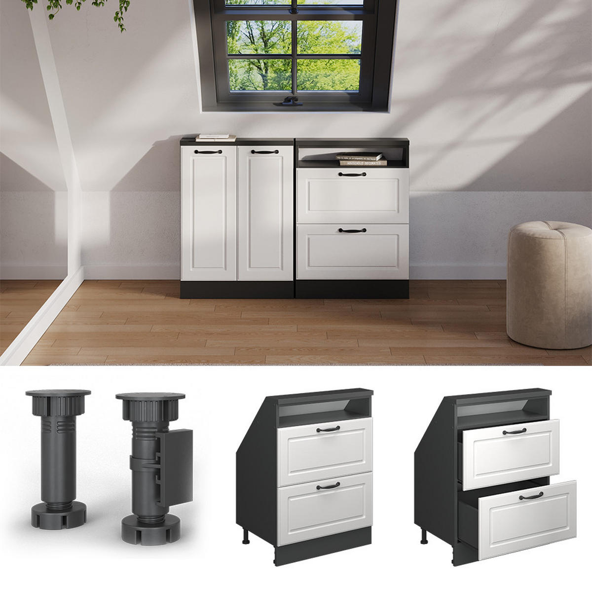 DACHSCHRÄGENSCHRANK Rion Weiß Landhaus/Anthrazit mit 2 Schubladen - Anthrazit/Weiß, Holzwerkstoff (60/81.6/46cm) - Vicco