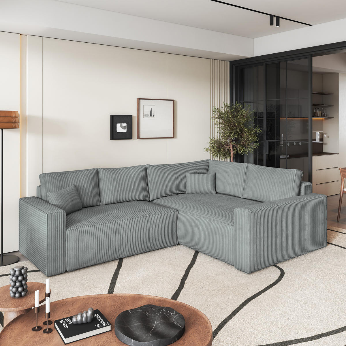 ECKSOFA ERONIS R-S Hellgrau Kordstoff mit Schlaffunktion - Hellgrau, Holz (265/194cm) - MASSENO