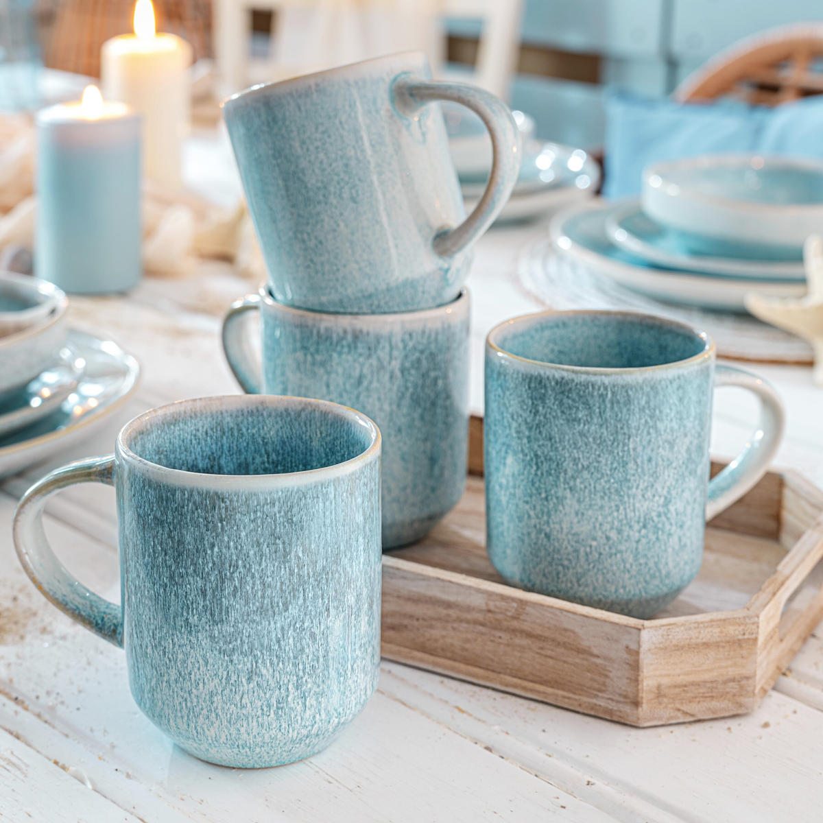 KAFFEEBECHER SET LIMA - 4 teilig aus Steingut - Hellblau, Keramik (24/15/23cm) - Sänger