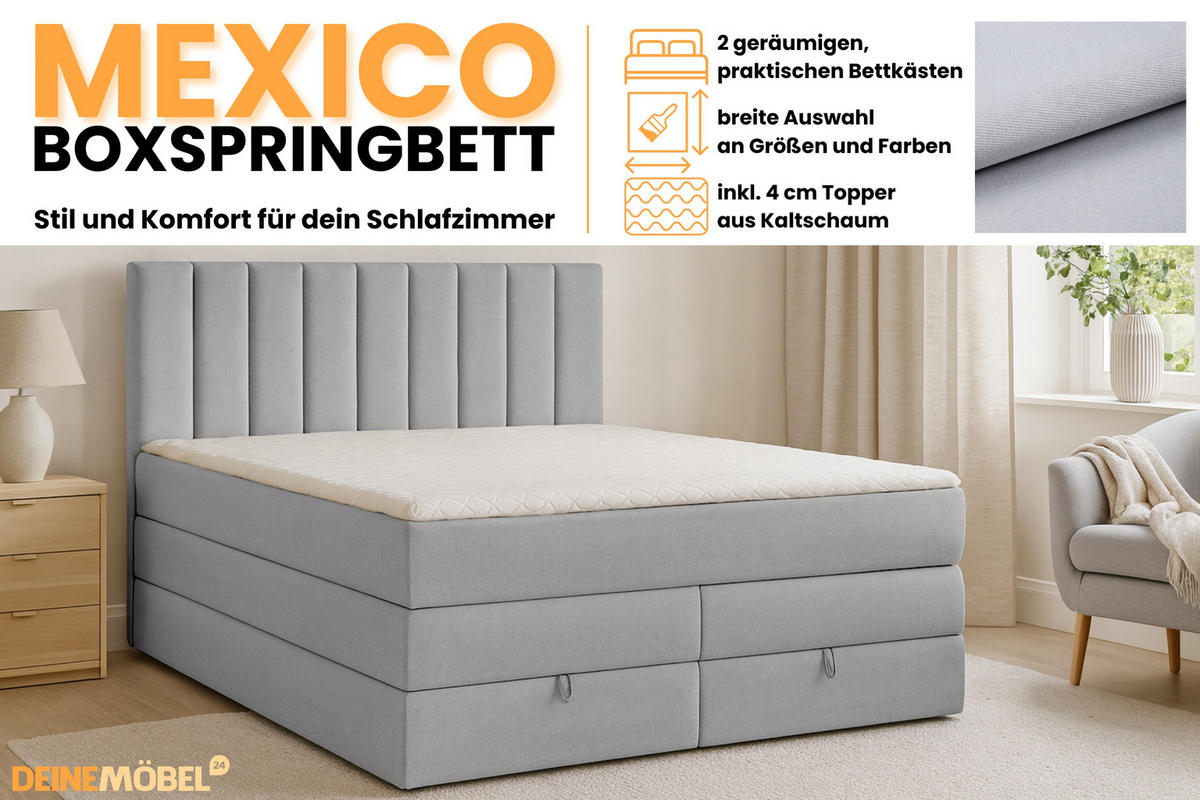BOXBETT MEXICO 140/200 in Velours Hellgrau mit Doppelmatratze - Hellgrau, Holz/Holzwerkstoff (140/200cm) - Deine Möbel 24