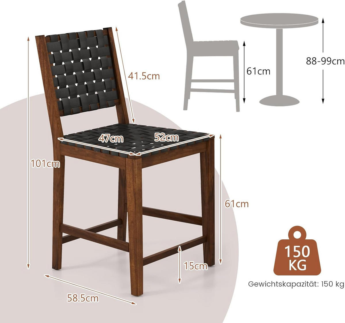 BARHOCKER mit Rückenlehne Braun(2er-Set) - Braun, Holz (59/101/52cm) - COSTWAY
