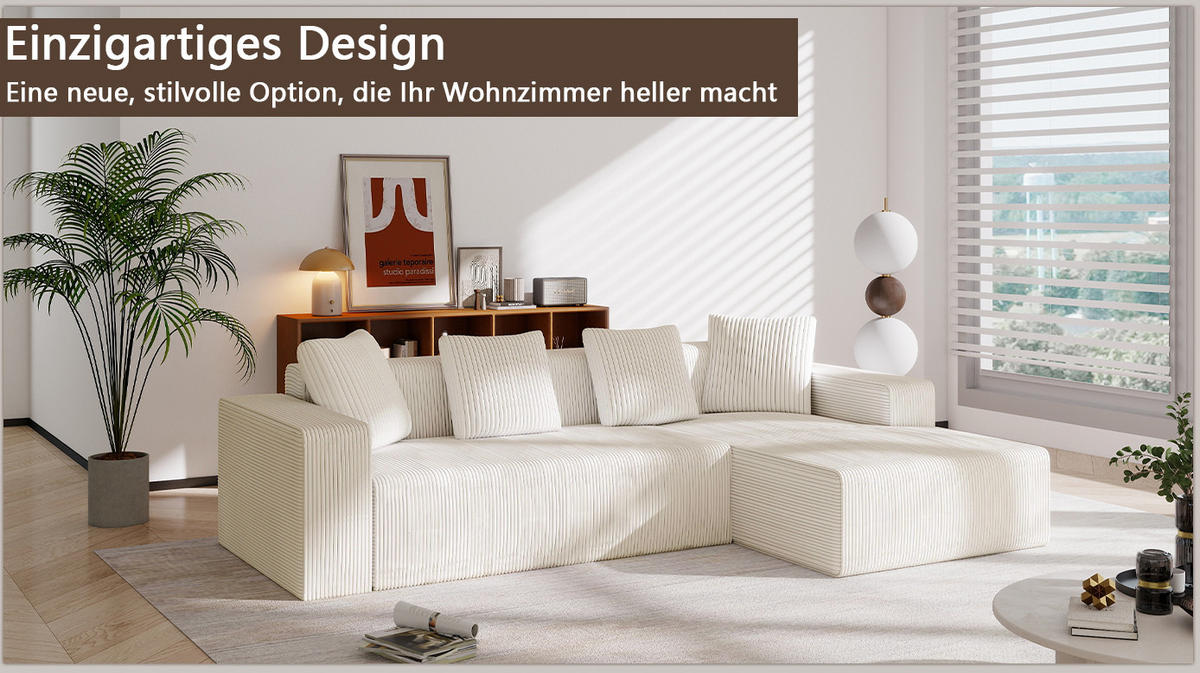 ECKSOFA 261/146/65 cm weiß aus Cord modular mit Longchair - Weiß, Textil (146/261cm) - OKWISH