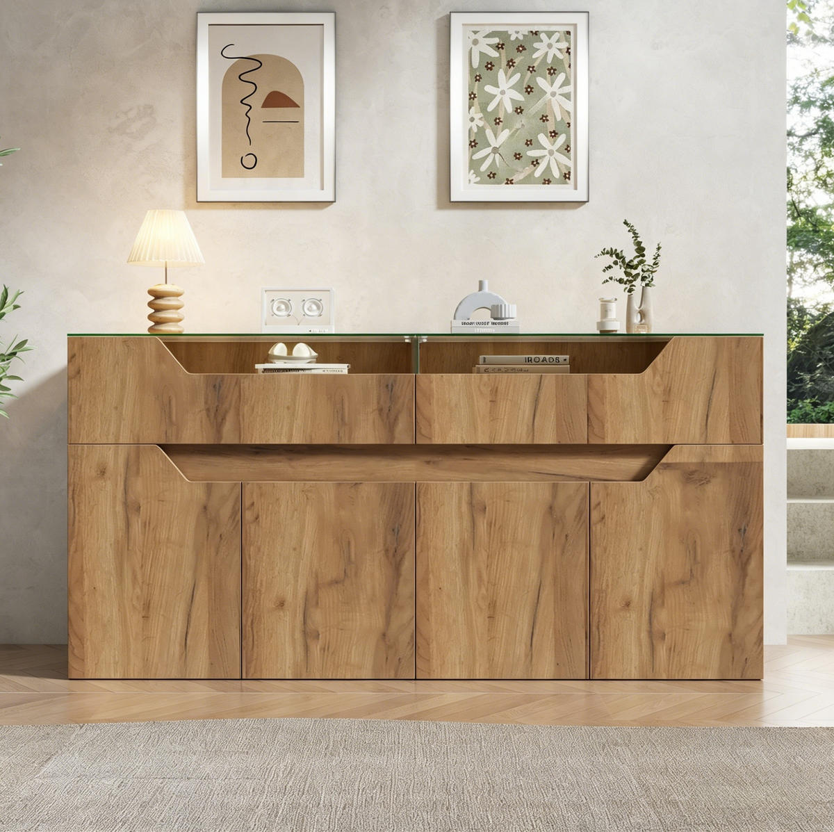 SIDEBOARD 140/40/70 cm natur aus MDF mit Glasplatte und 2 Schubladen - Naturfarben, Holzwerkstoff (140/70/40cm) - OKWISH