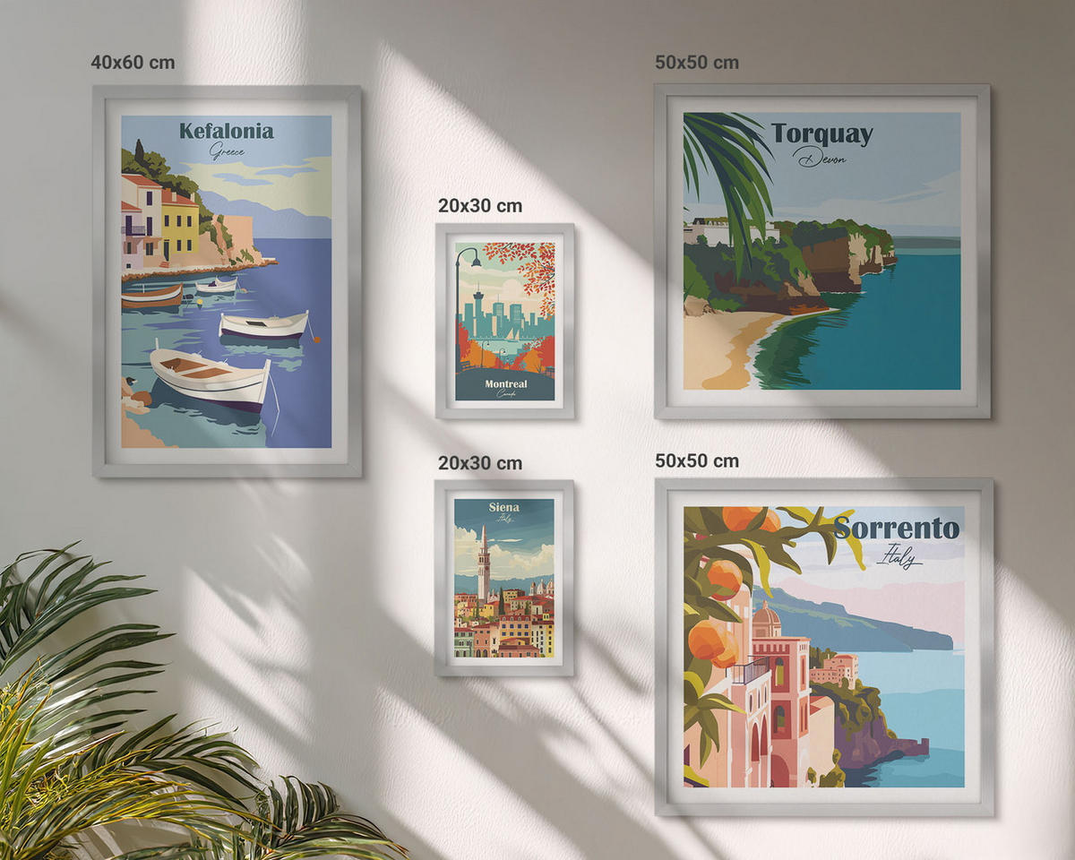 BILDER SET 5er Set - 50x50 cm & 20x30 cm & 40x60 cm Silberner Rahmen - Retro-Illustrationen berühmter Orte - Silberfarben, Kunststoff (40/60cm) - TULUP