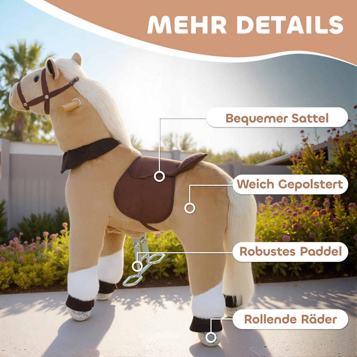 REITPFERD Spielpferd zum Reiten mit Sattel Rollen 80 cm Stehpferd Braun - Braun, Textil (32/80/72cm) - AIYAPLAY