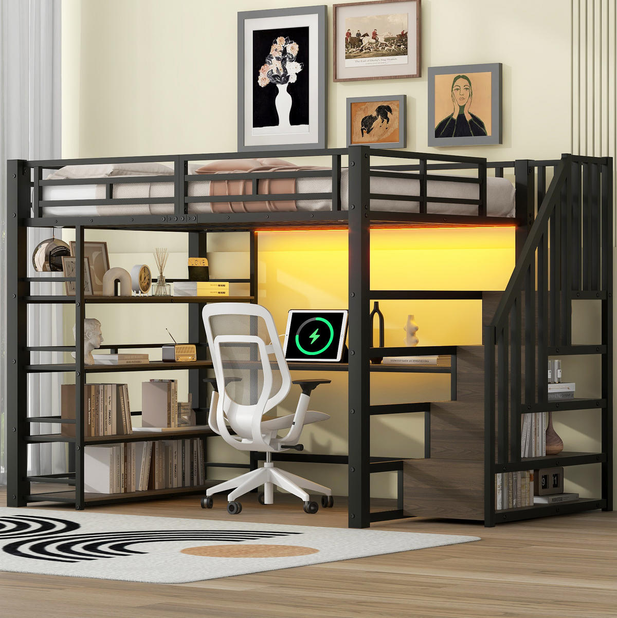 HOCHBETT 140/200 cm aus Metall und MDF mit Schreibtisch, Treppe, LED-Licht und Stauraum Schwarz - Schwarz, Holzwerkstoff (140/200cm) - Modenvie