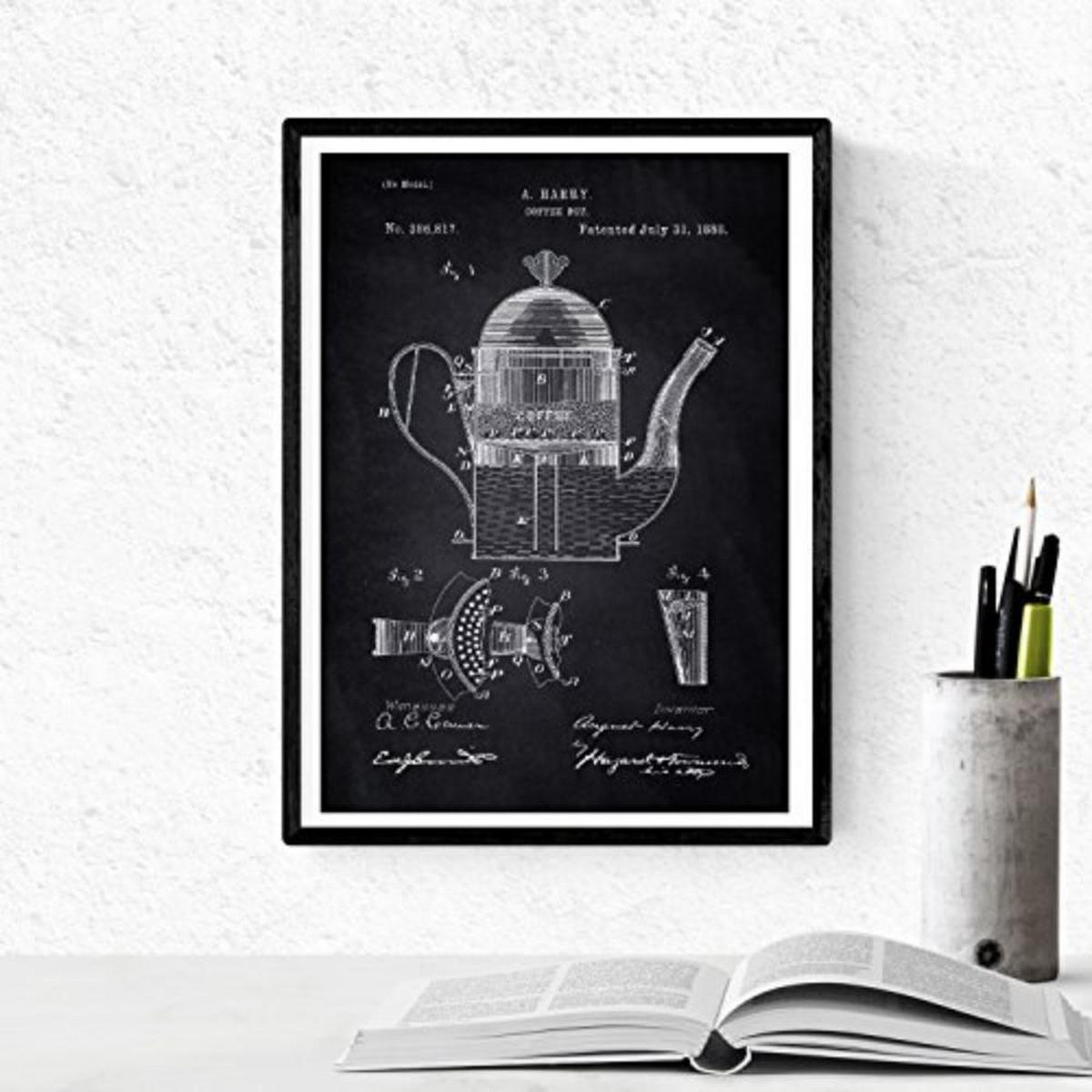 POSTER Set mit 4 Schwarz cafeteras Patenten A4 Schwarzer Rahmen - Schwarz, Papier (29.7/3cm) - Nacnic