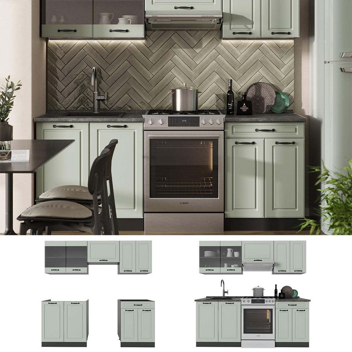 KÜCHENZEILE R-Line, Mint Landhaus/Anthrazit, 200 cm Arbeitsplatte Goldkraft Eiche - Anthrazit/Grün, Holzwerkstoff (200/81.6/60cm) - Vicco