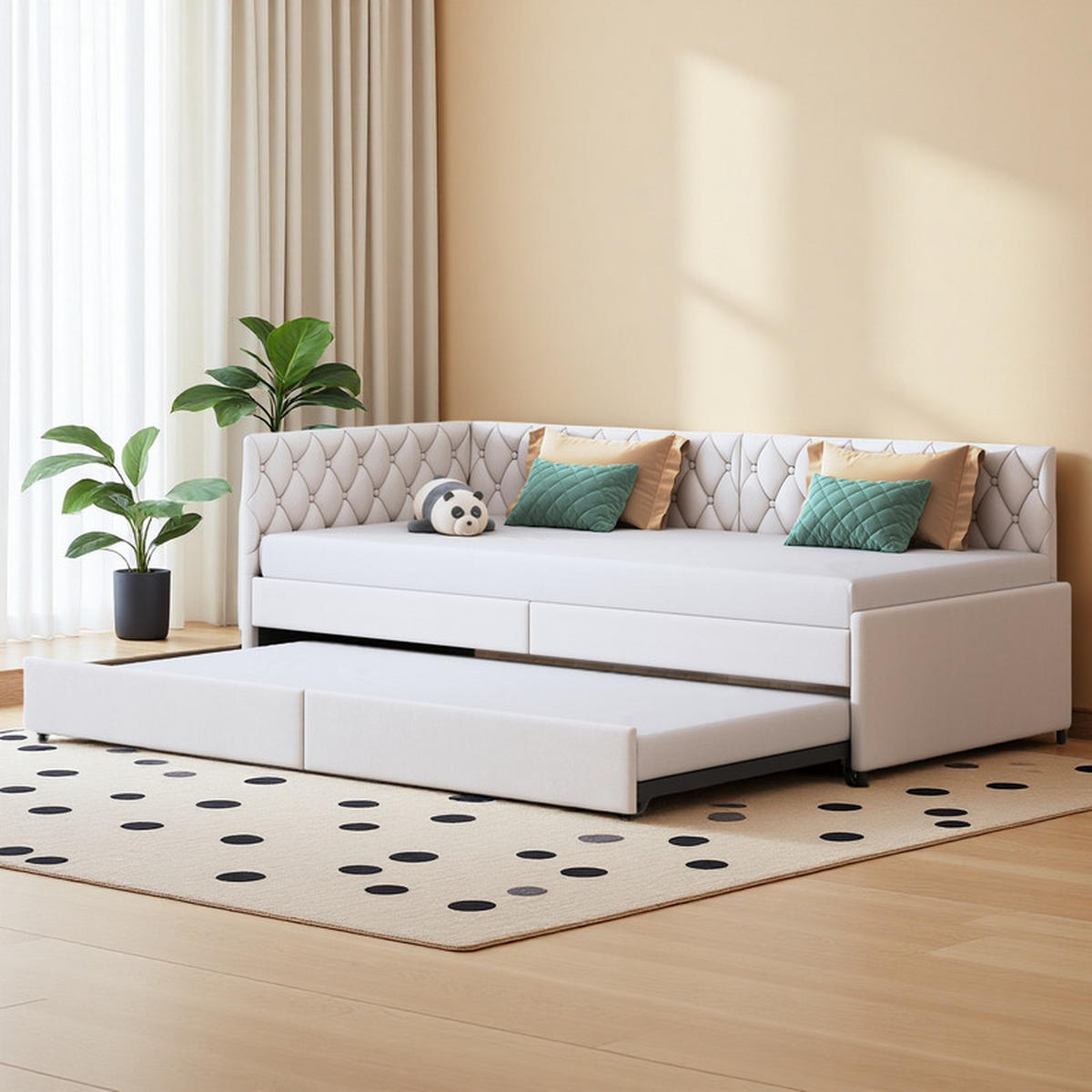 SCHLAFSOFA 90x200 cm, Samt Beige, Einzelbett ausziehbar, mit Lattenrost, ohne Matratze - Beige, Holz (90/200cm) - WoodenAura